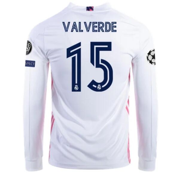 Real Madrid Long Sleeve Home Kit Soccer Jersey FEDERICO VALVERDE #15 2020/21